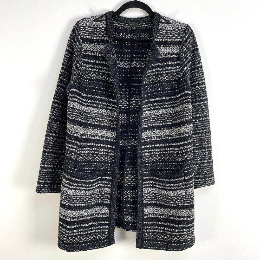 Talbots Womens Medium Black Gray Metallic Open Knit Jacket Tweed Coat Pockets - Picture 8 of 13